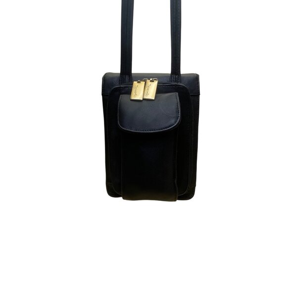 Tignanello Women’s Black Genuine Leather Adjustable Strap Gold Zip Crossbody Bag - Picture 4 of 15